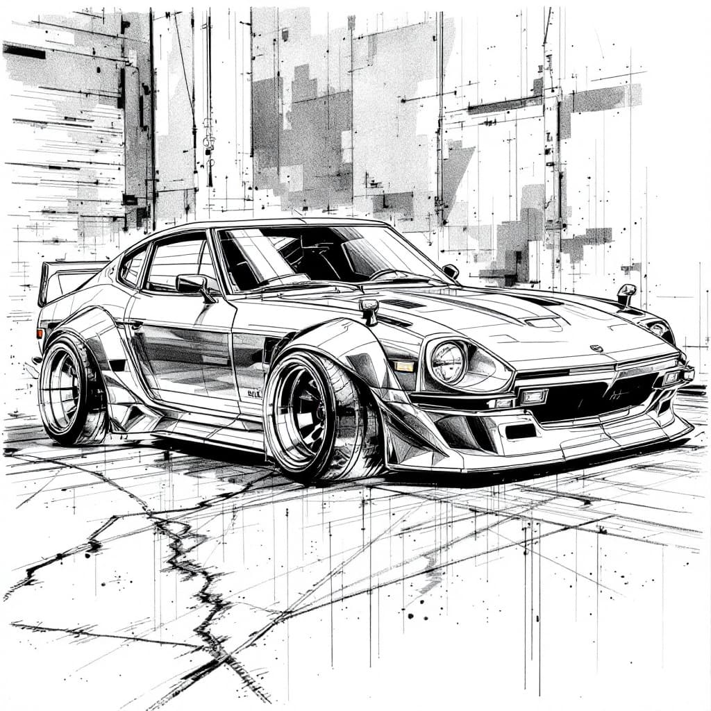 AI generated: Professional pencil drawing by an auto designer, Nissan Fairlady Z, 240 Z, in the style of auto desi...