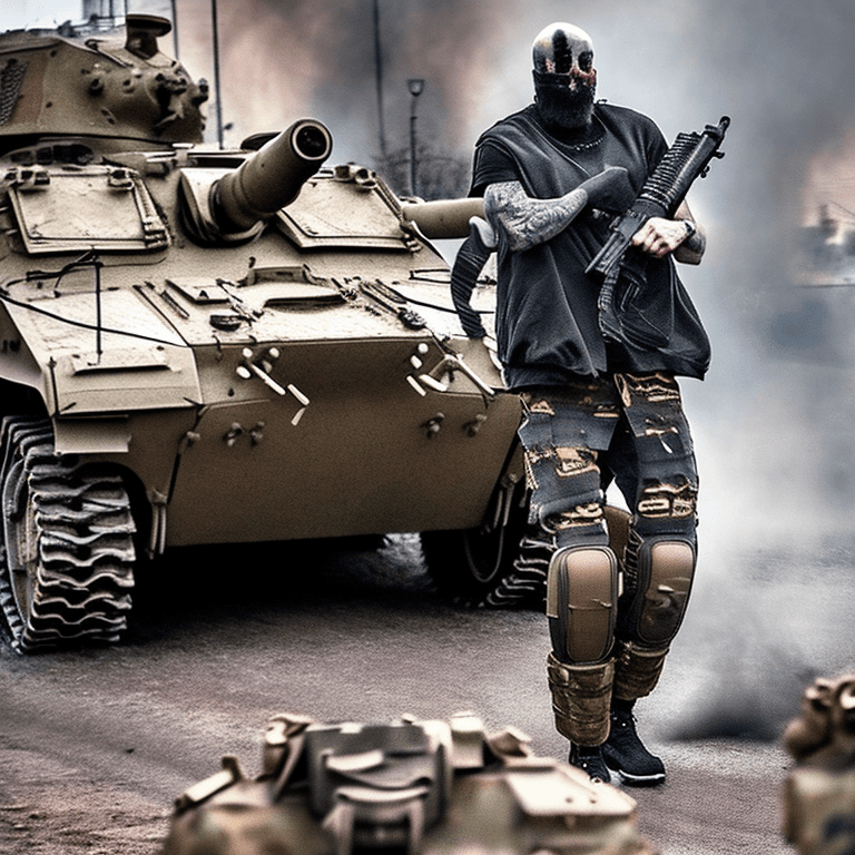 AI generated: Photo of rick Genest as a Ukrainian AZOV  Cyborg warlord, defending a street in Ukraine from Russian...