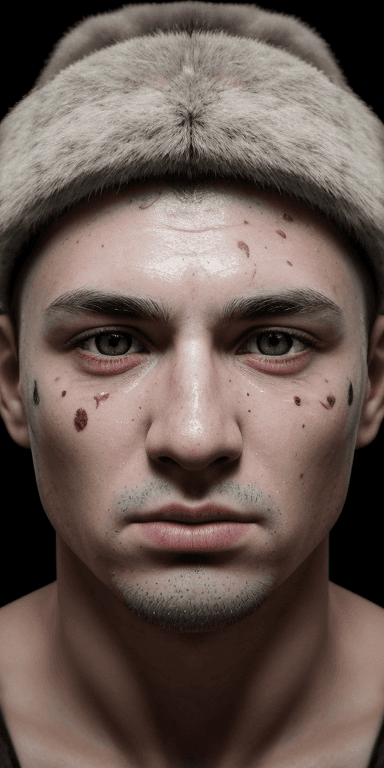 AI generated: Gritty Russian Miner Man speckled face close up symmetrical eyes, (aegyo sal:1) , eyelashes:1.1) sca...