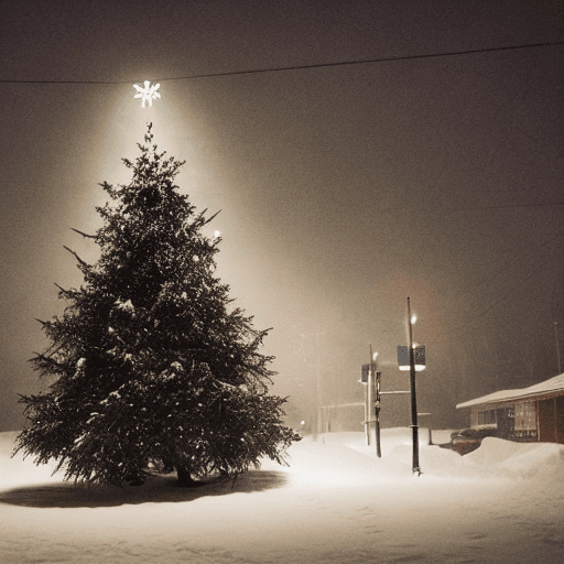 AI generated: Huge Christmas Tree in a town with lot of snow in the style of Gregory Crewdson, cinematic, spooky, ...