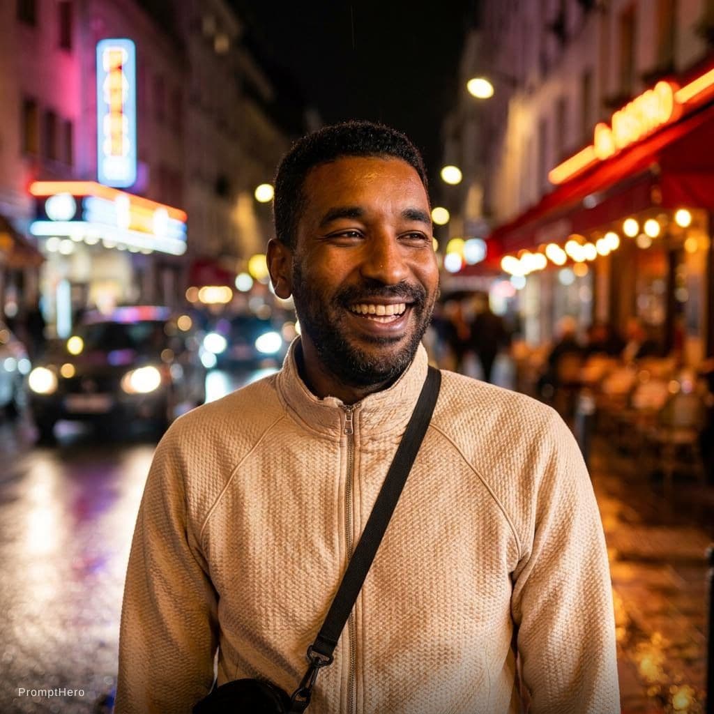 AI generated: A cinematic, close-up portrait of a muscular African bold man in his 30s  on a street at night, with...