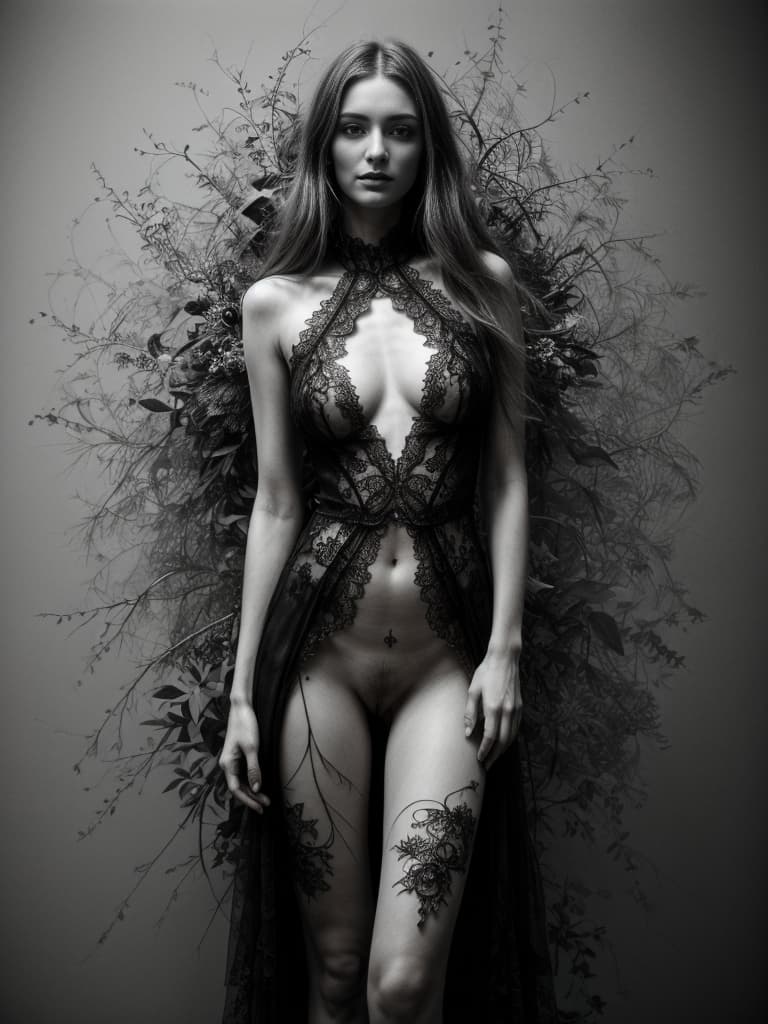 AI generated: tree(naked:1.1) instagram model in black with open high heels, open lace luxury dress, in the style ...