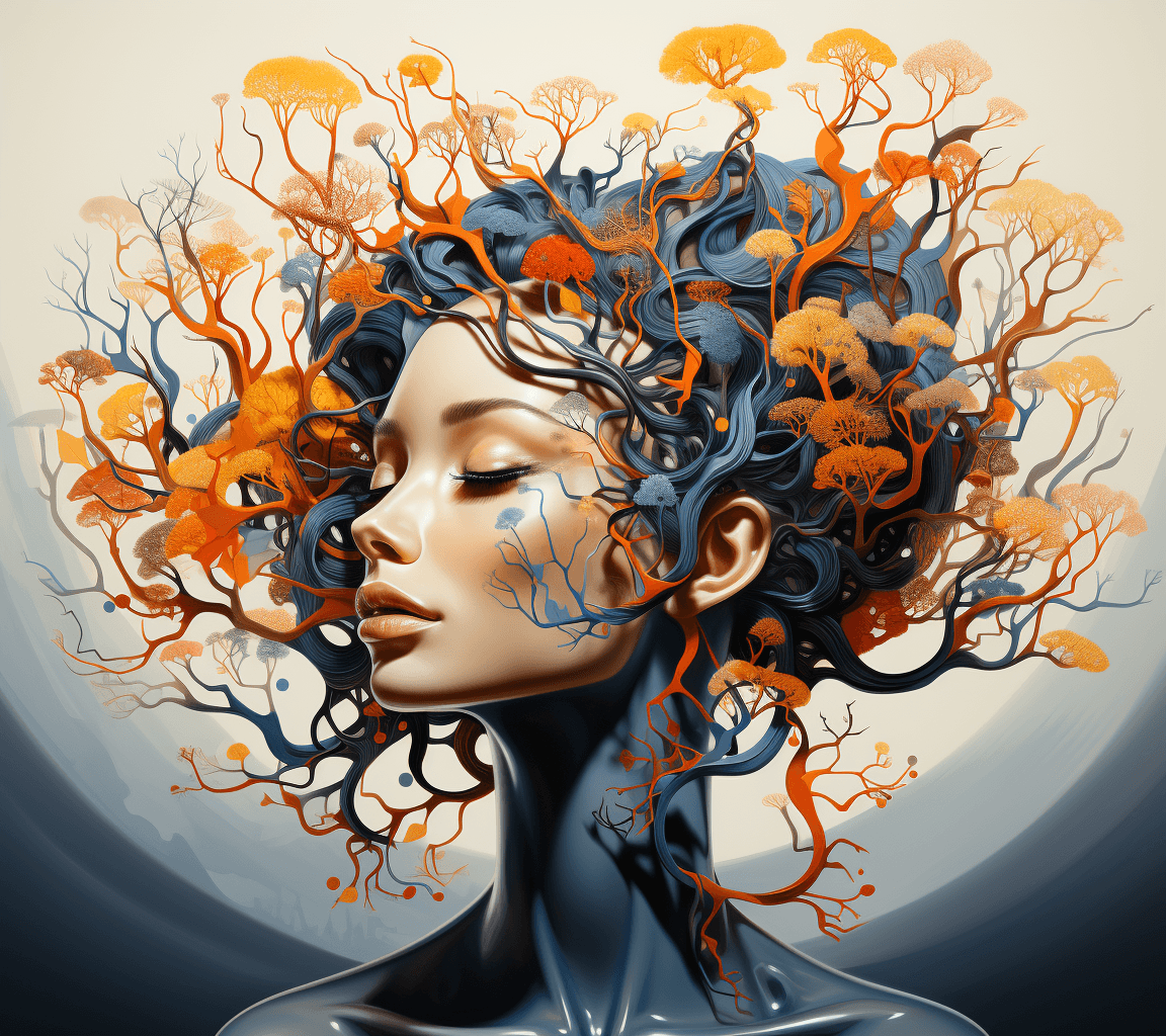 AI generated: a colorful digital artwork of a woman's head and branches, in the style of haunting houses, graceful...