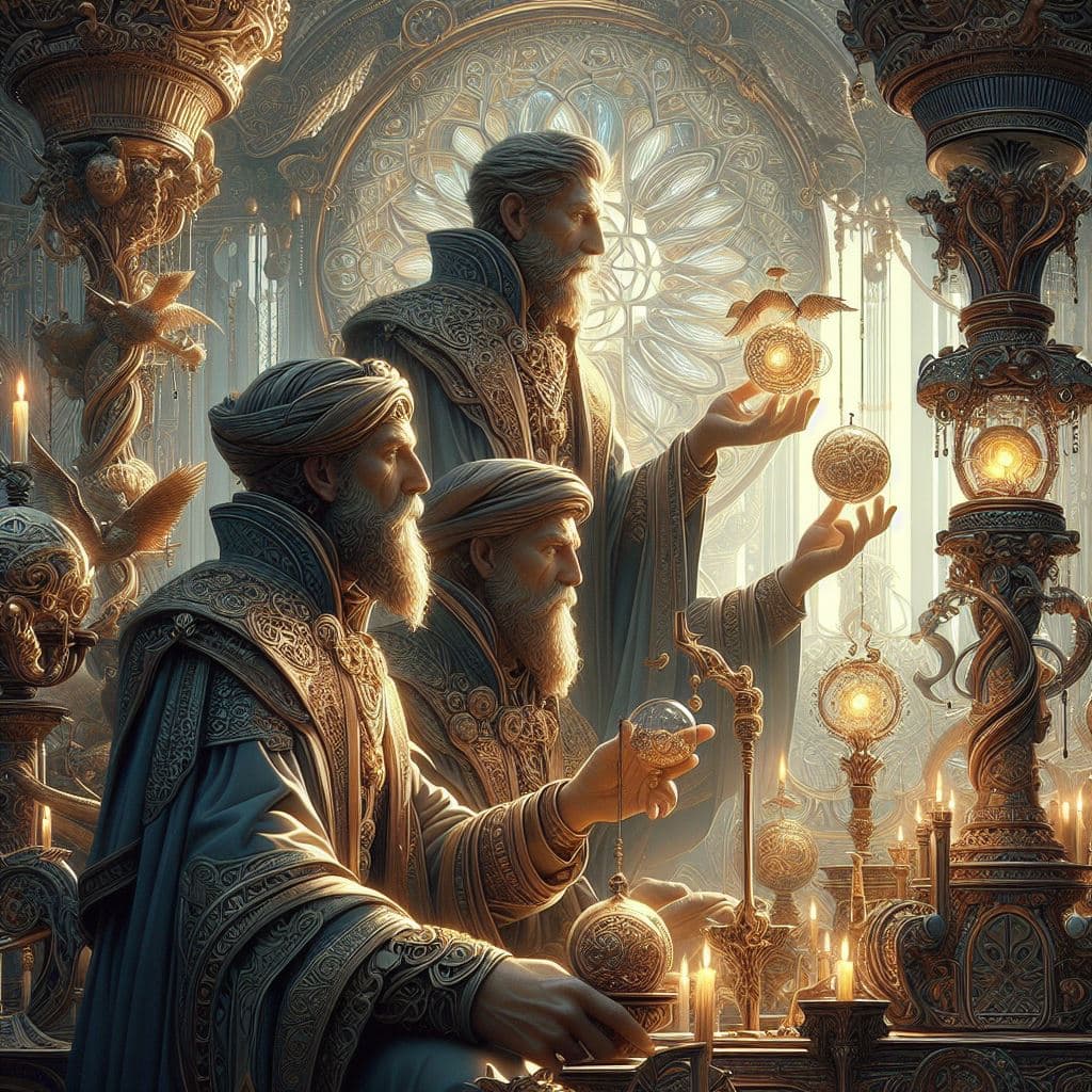 AI generated: the alchemists of the future looking at the past, intricate, elegant, highly detailed, digital paint...