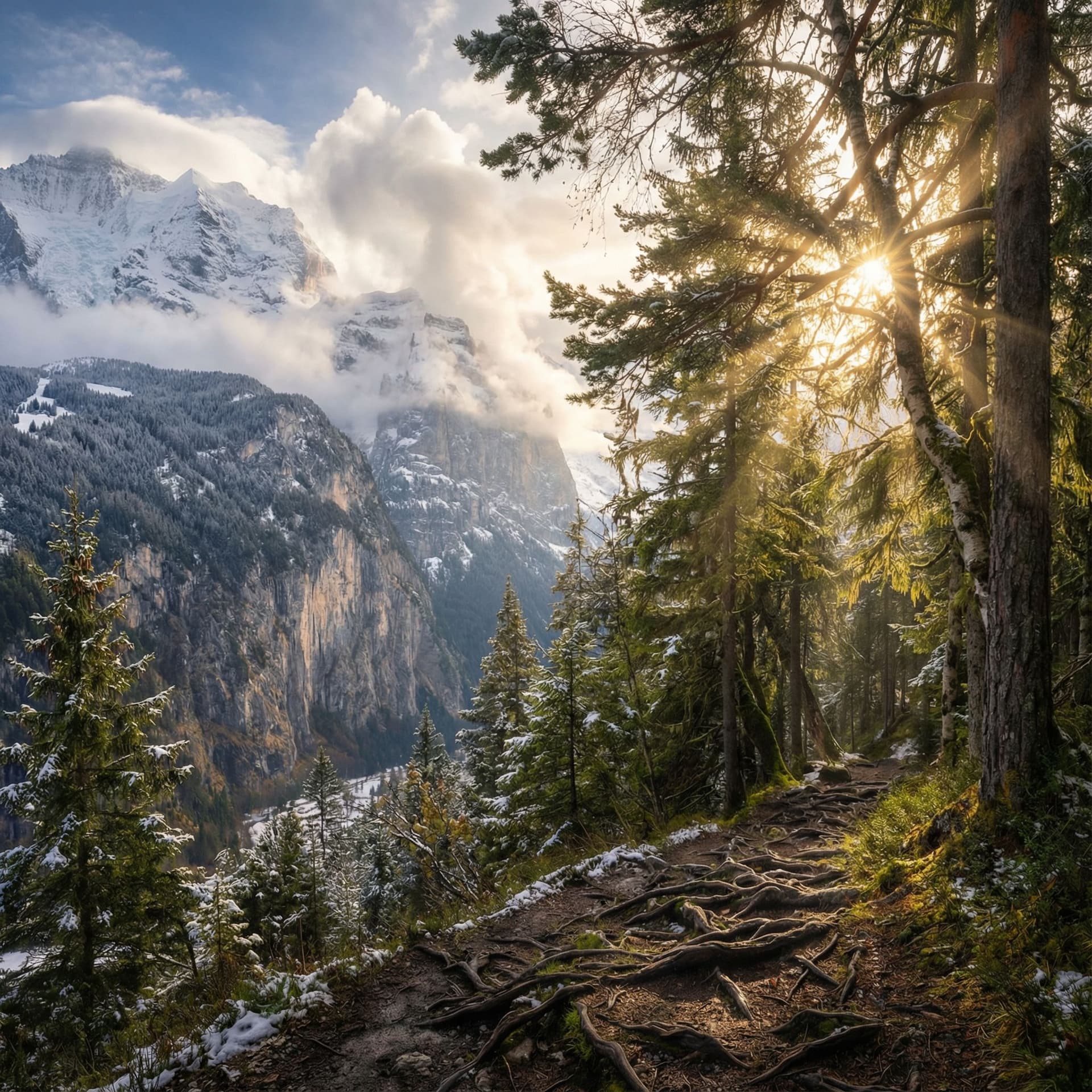 AI generated: Hochdetaillierte, fotorealistische 8K-Landschaft, hyperrealistische Fotoqualität, Sonnenlicht, das d...