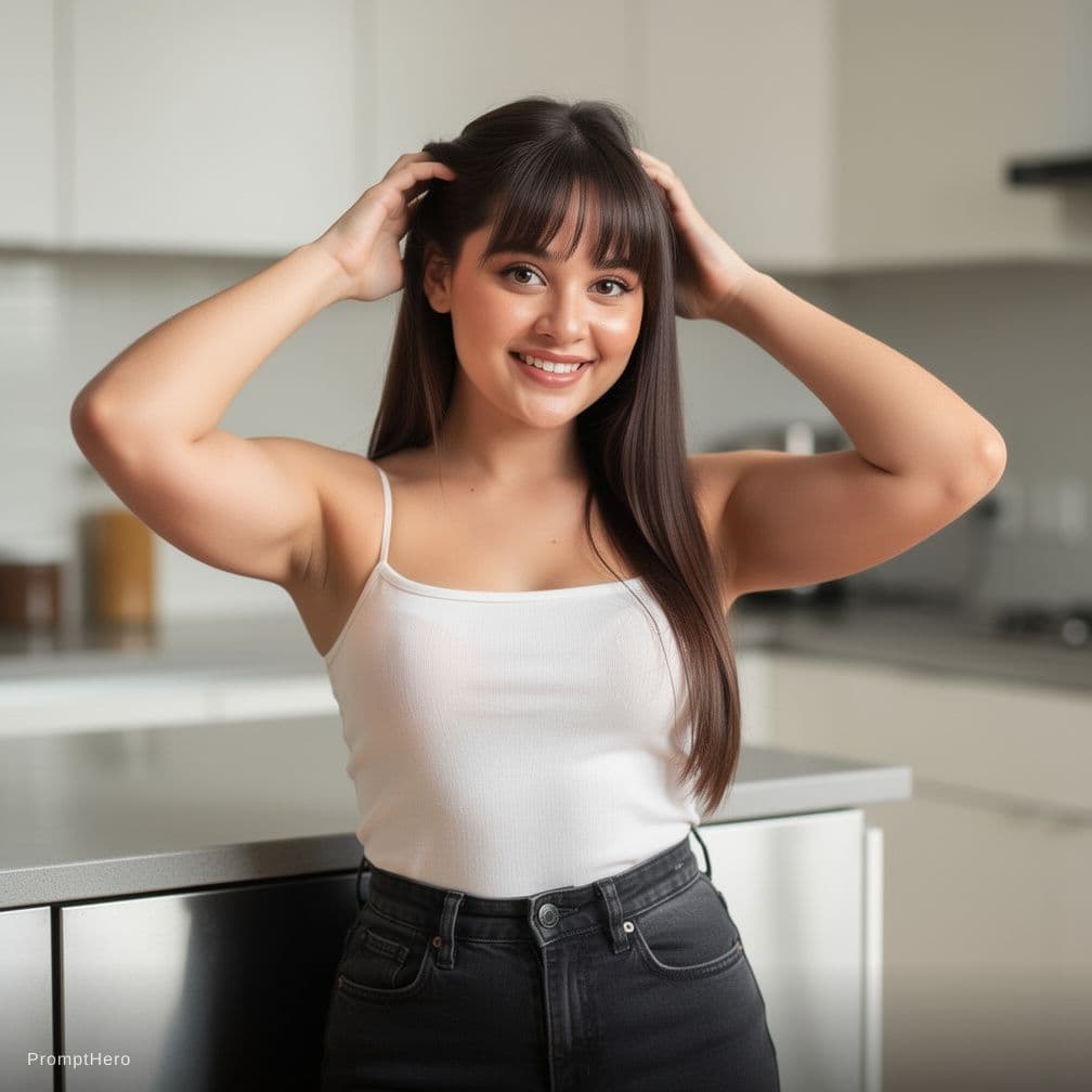 AI generated: Make this reference women with same smile, Photorealistic portrait of a young brunette woman standin...