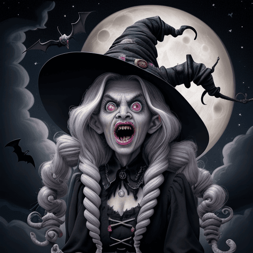AI generated: crazy witch in shock, hair made entirely of skinny snakes, bulging eyes, long nose with wart, wrinkl...
