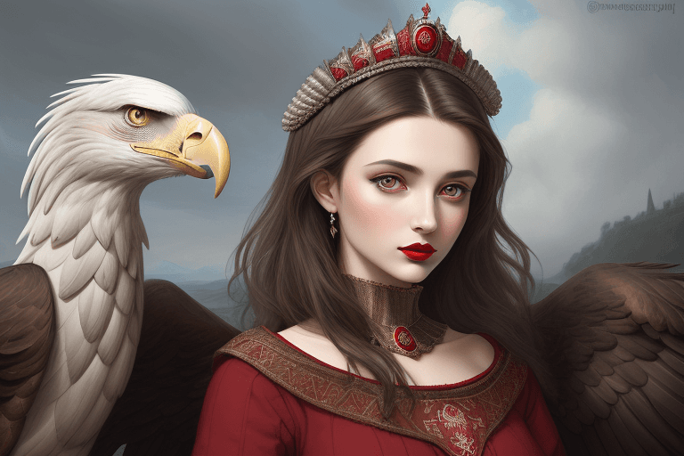 AI generated: Digital art by IrinaKapi.
Girl with an royal eagle,brunette, red lipstick, expressive eyes, very bea...