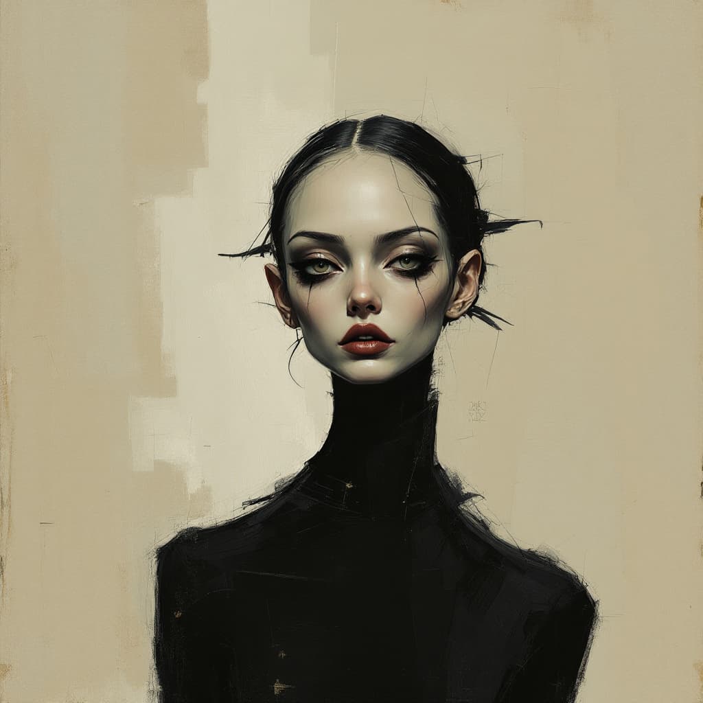 AI generated: Elegantly melancholic woman, elongated figures, somber color palette, expressive brushstrokes, haunt...