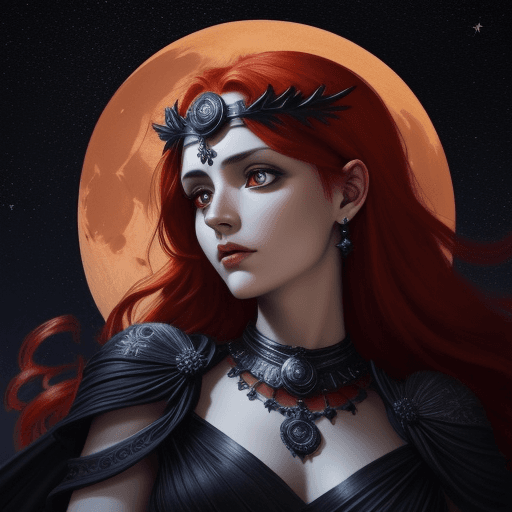 AI generated: gorgeous Godess Hecate, red hair, attractive, moon and stars in background, fotorealistic style