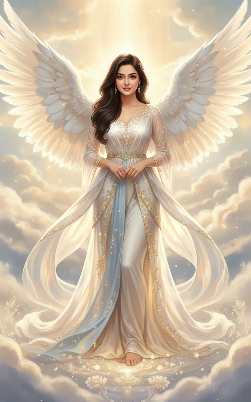 AI generated: a cinematic photo of a hyperbeautiful angel woman full boddy, angelic clothes that are soft and flow...