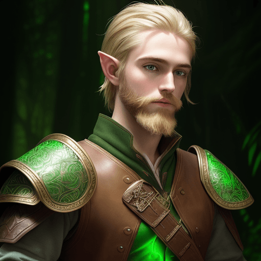 AI generated: high detailed professional upper body photo of a young half-elf with blonde beard wearing light gree...