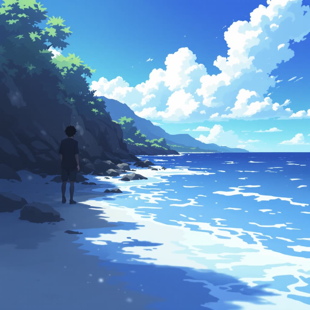 AI generated: Someone was peeping when you walked past at the sea. anime