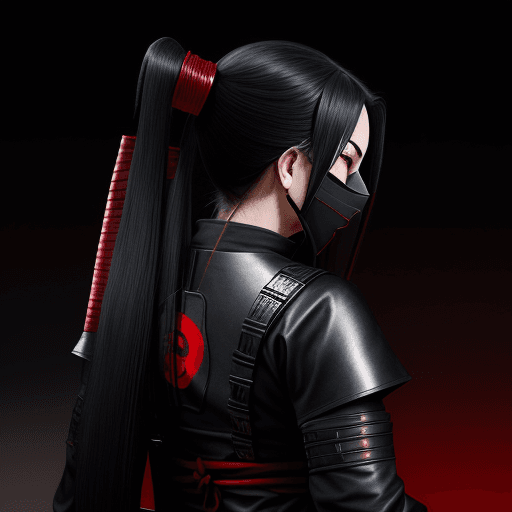 AI generated: Female shinobi looking back, shot from behind, masked, visible long black hair, with katana, dark pa...