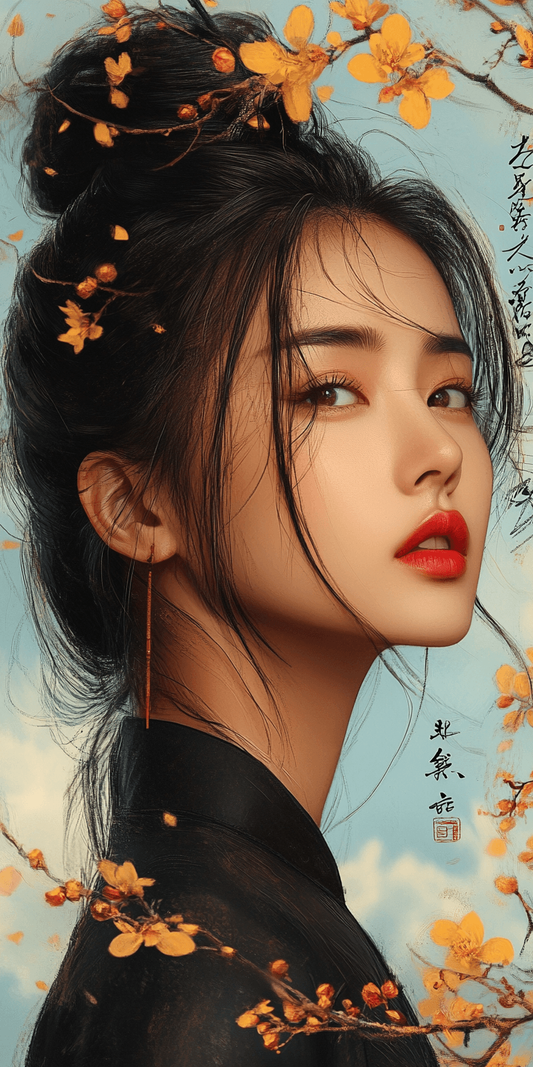 AI generated: A beautiful Asian woman with her hair tied into an elegant low bun, featuring red lipstick and delic...