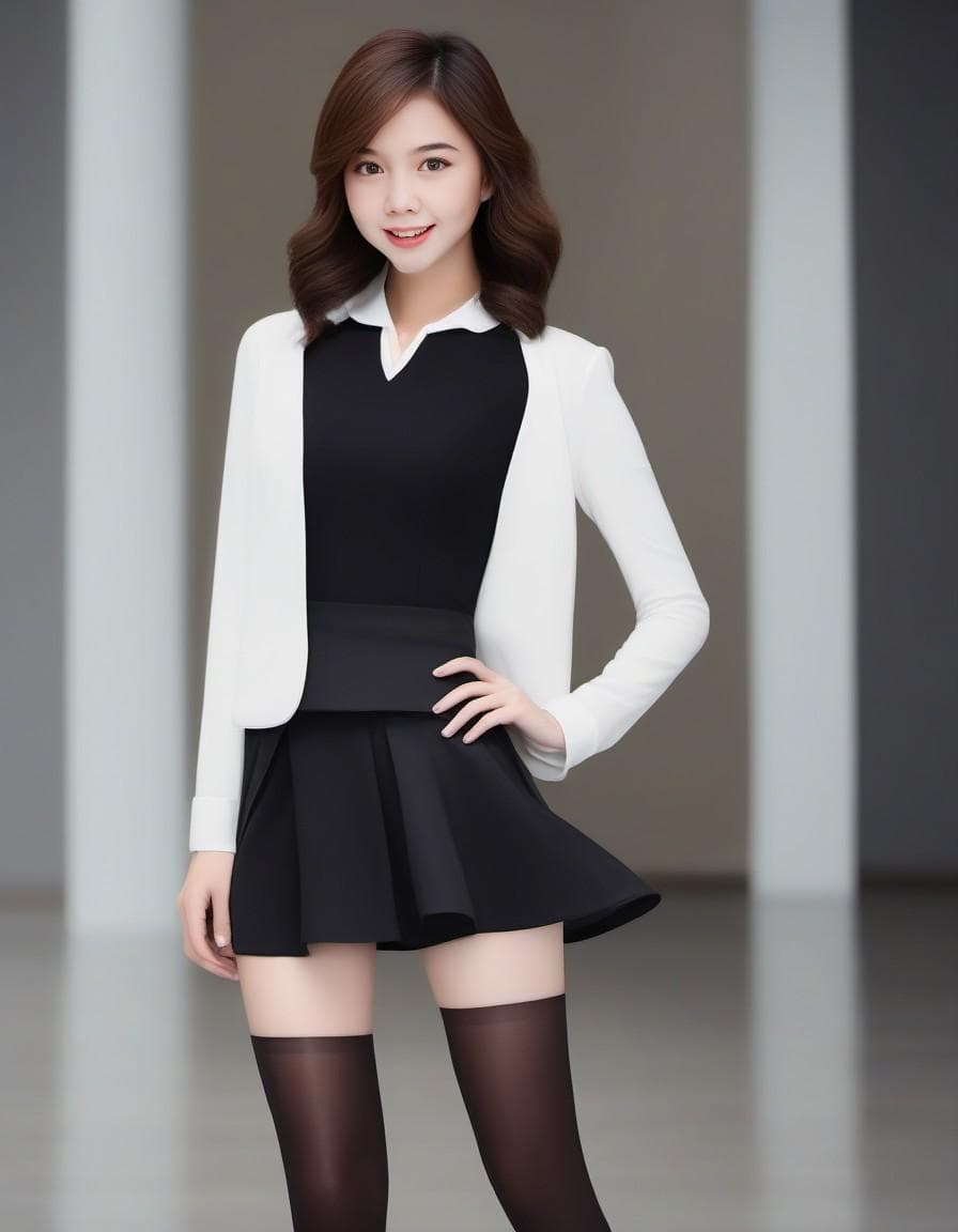 AI generated: A model on black stockings and skirt, close-up, real life, photo shoot, fashion --ar 9:16 --s 750