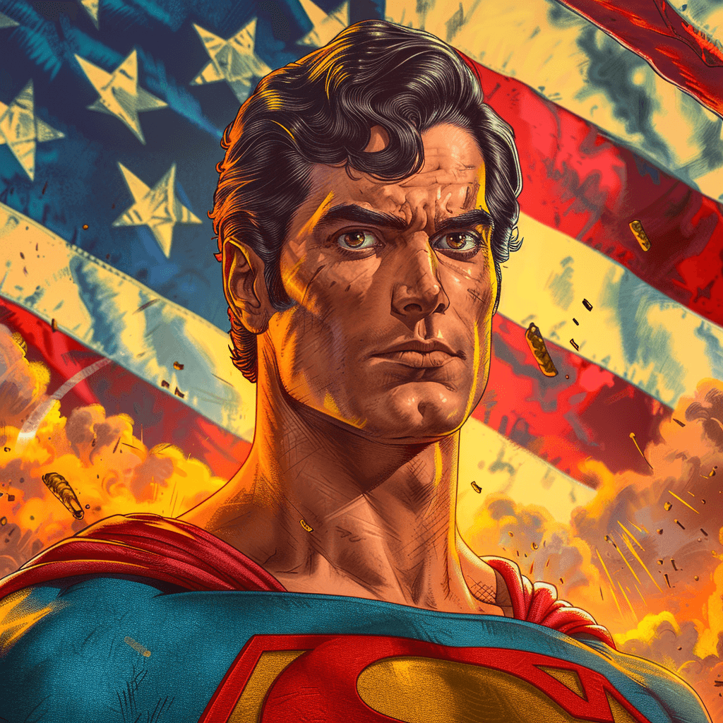AI generated: patriotic Propaganda photos of superman fighting in ww2 --sref https://s.mj.run/buH0s1gCWv8 --c 100 ...