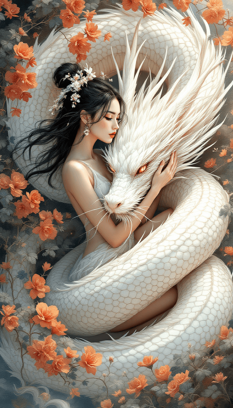 AI generated: Create a single whimsical illustration depicting the beautiful body of a white dragon, similar to a ...