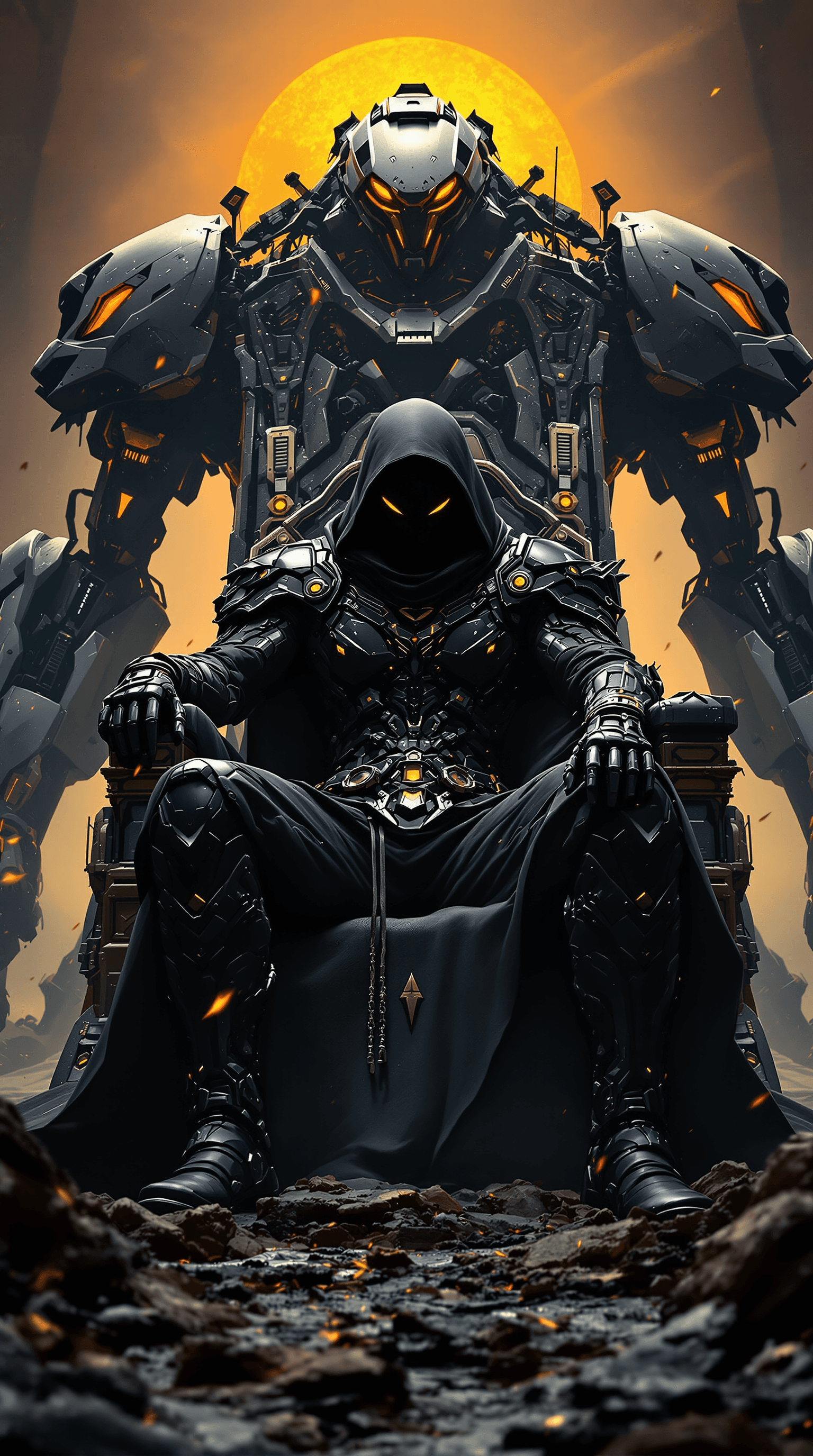 AI generated: Brave man in a intricate design futuristic black ninja suit sitting on the throne of robots that he ...