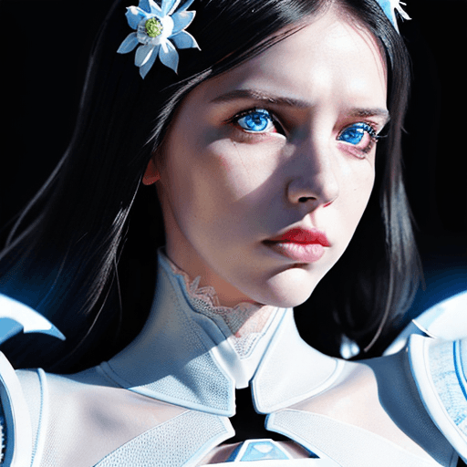 AI generated: close-up, futuristic woman from the future with unreal sapphire eyes, fantastic white space flowers ...