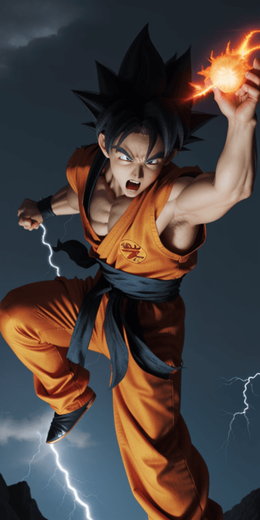 AI generated: Goku turns super saiyan 1, angry, full power, lightning, fire,