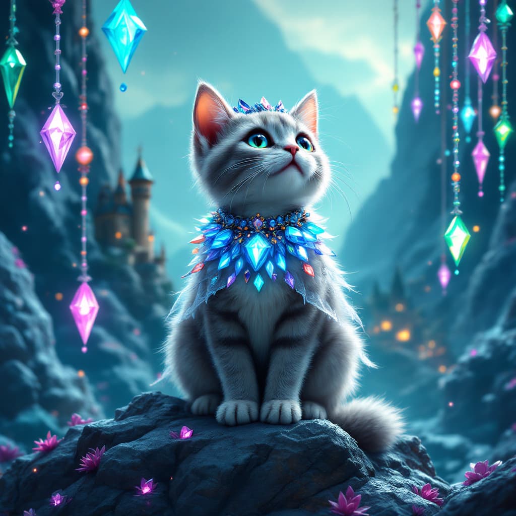 AI generated: Small, gray cat (age:1.1, body type:1.1, pose:1.2), adorned with iridescent, colorful gems and cryst...