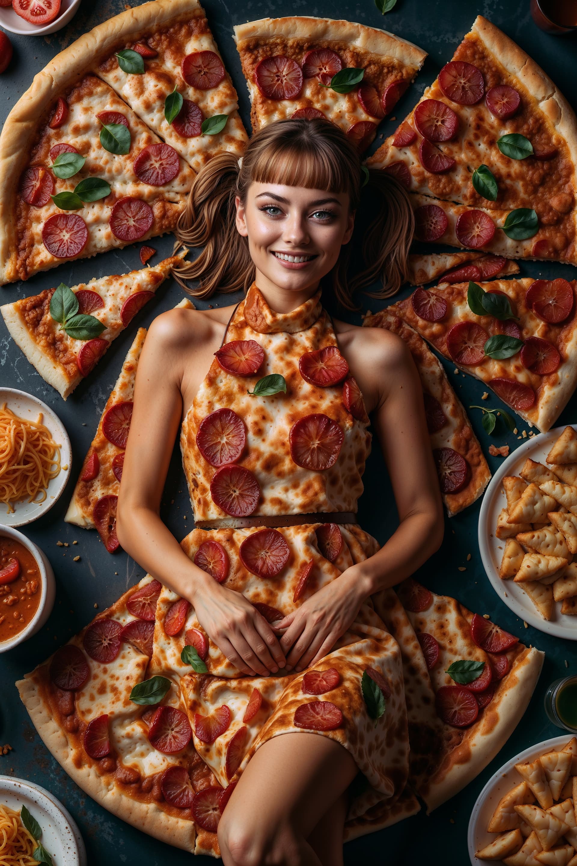 AI generated: Cuisine, A smiling woman wears a dress made of pizza as she lays on a table, rich deep colors, intri...