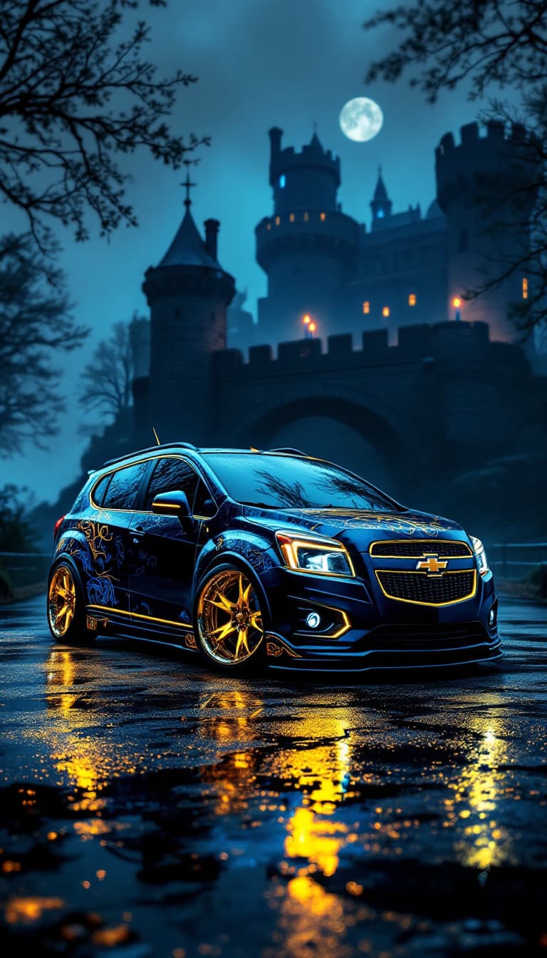 AI generated: A photo realistic 2014 Chevrolet Orlando from a front side view. The car is lowered, a metallic blue...