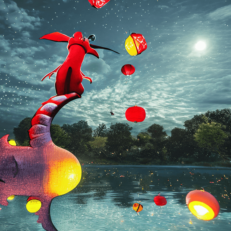 AI generated: school girl back riding her traditional red chinese dragon while flying mid-air, beautiful moonlit s...