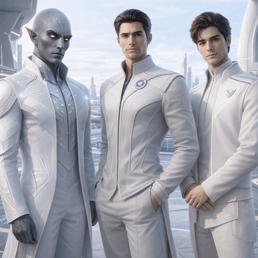 AI generated: Create an image showcasing all-male, all-separate images, posing together. Change background, clothi...