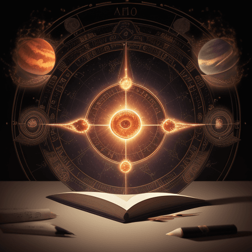AI generated: Book and internet iconography intertwined with zodiac circle in burning sky in flames with planets a...