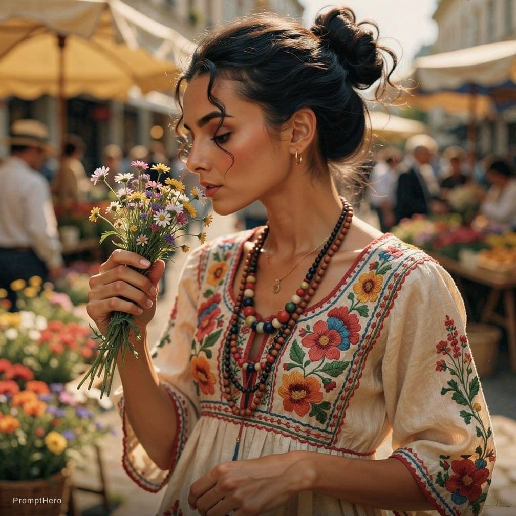 AI generated: A street photograph captures a lean olive-skinned young female with thick black curls pinned loosely...
