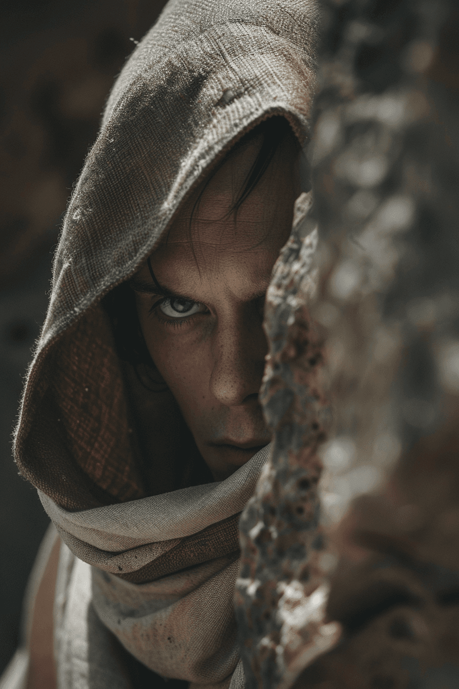 AI generated: Close up photography of a Jedi hiding in Tatooine, looking over his shoulder, beware of risks, --ar ...