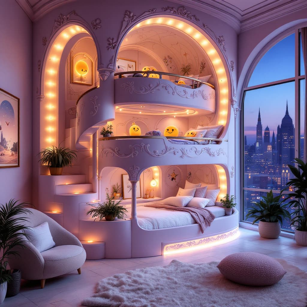 AI generated: **A dreamy three-level bunk bed bedroom with elegant curved architecture and carved whimsical detail...