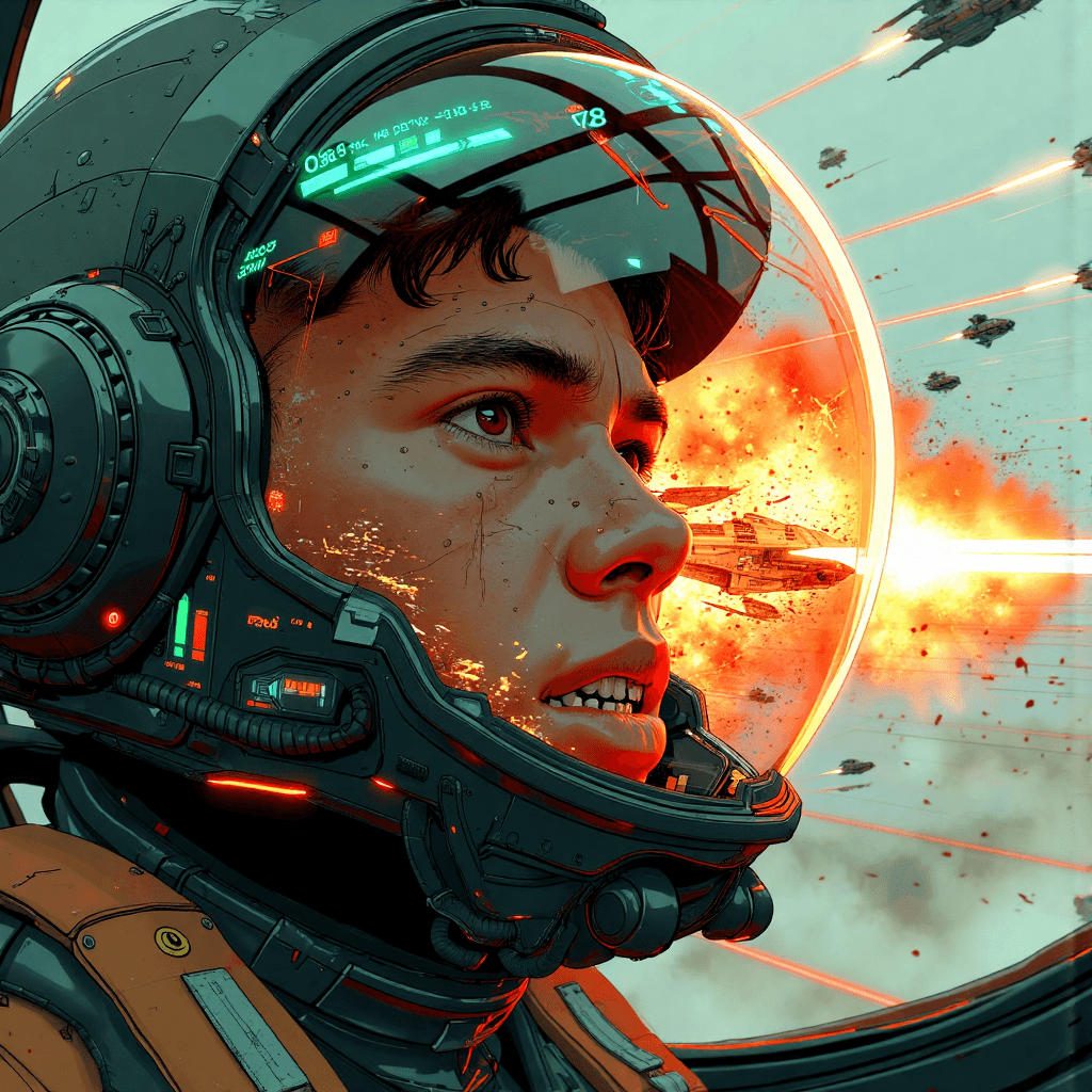 AI generated: A head-on, close-up of a starfighter pilot mid-battle, dynamically framed to emphasize motion and in...
