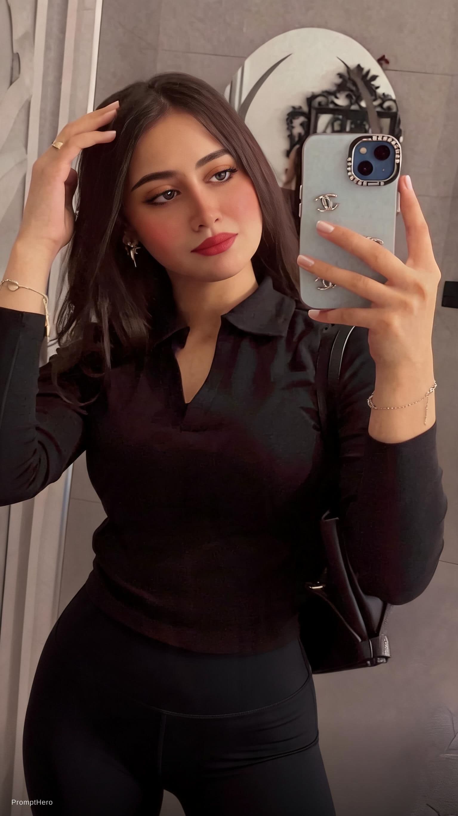 AI generated: the girl takes a photo with her phone of herself in the mirror, she has 24 years old, has straight b...