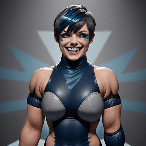 AI generated: Shark Skinned Female Wrestler, Dark Blue Attire, White Elbow Pads, Dark Blue Pixie Haircut With Grey...