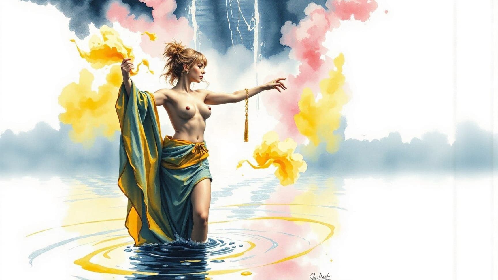 AI generated: Dungeons&Dragons style, one gorgeous lascious woman dancing a hot waterdance in a large open pound, ...