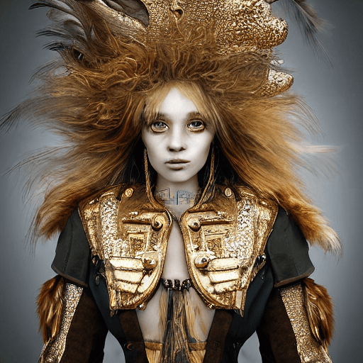 AI generated: redshift style, anthropomorphic hybrid of perfect anatomy human and chicken warrior (long haired, wi...