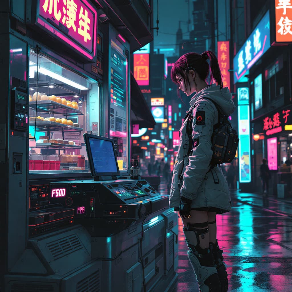AI generated: girl of the future using a food vendor machine, futuristic design, electronic artwork, manga charact...