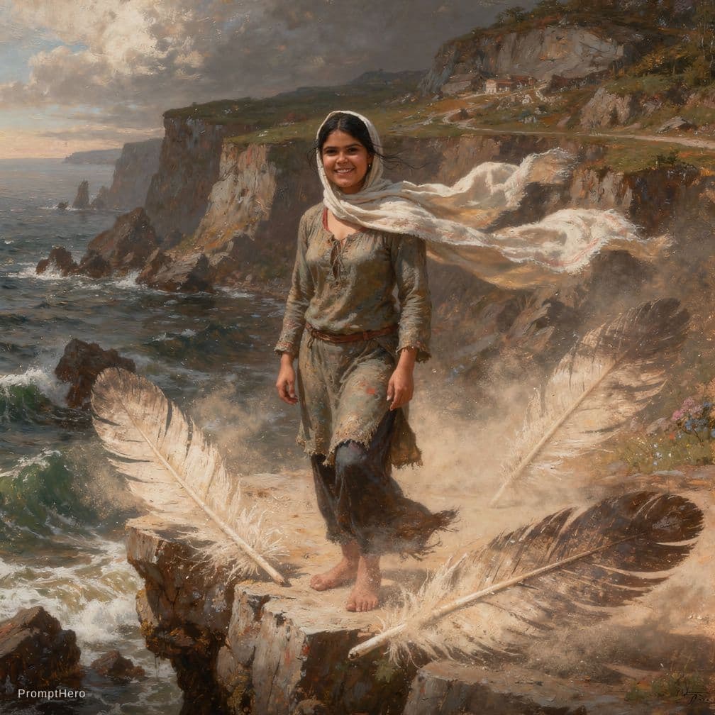 AI generated: A young female with sun-kissed bronze curls cascading in loose, wind-blown waves stands on a jagged ...
