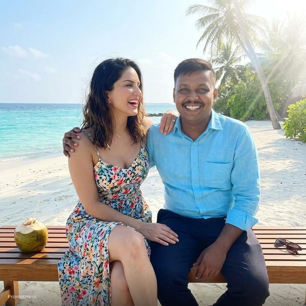 AI generated: with sunny leoneat a tropical beach, sunny day, both smiling