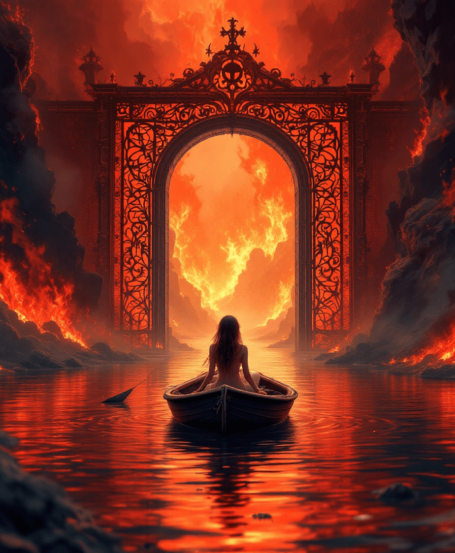 AI generated: A rosey cute beautiful girl in a boat floating in hell, In the background are The gates of Hell whic...