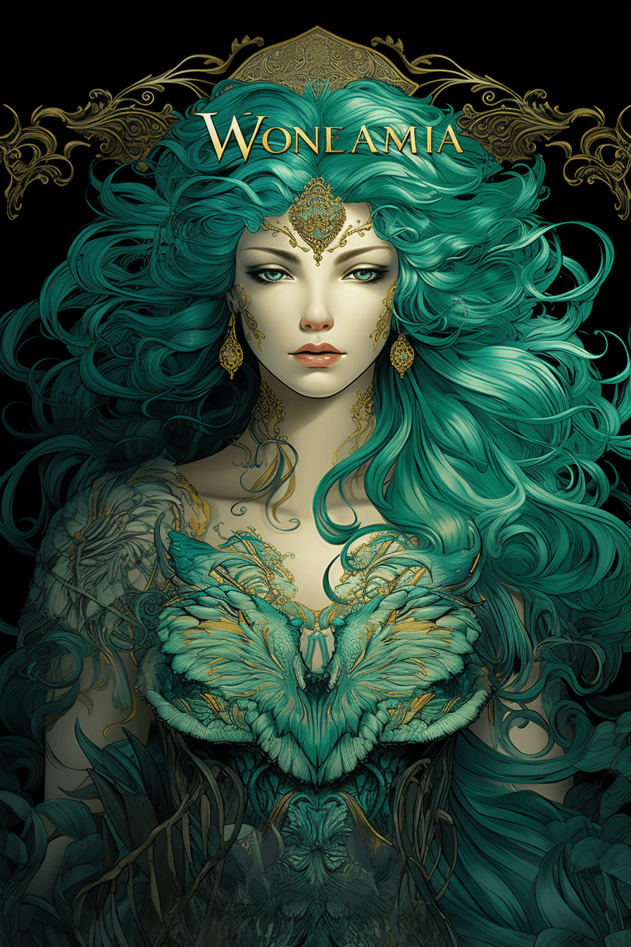 AI generated: A legendary being with emerald turquoise skin and gleaming jade scales detailed with delicate floral...