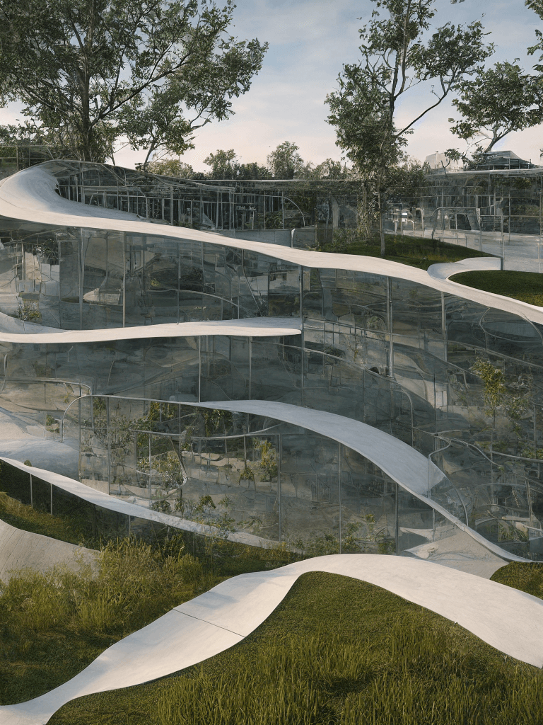 AI generated: Flowing modern skatepark house, Ramps, curved glass, native landscaping, 3D voronoi, perforated, ter...