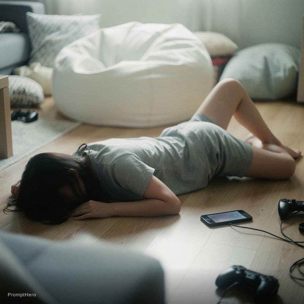 AI generated: A bright lit, cozy bedroom scene at day, featuring a young person with long dark hair lying sprawled...