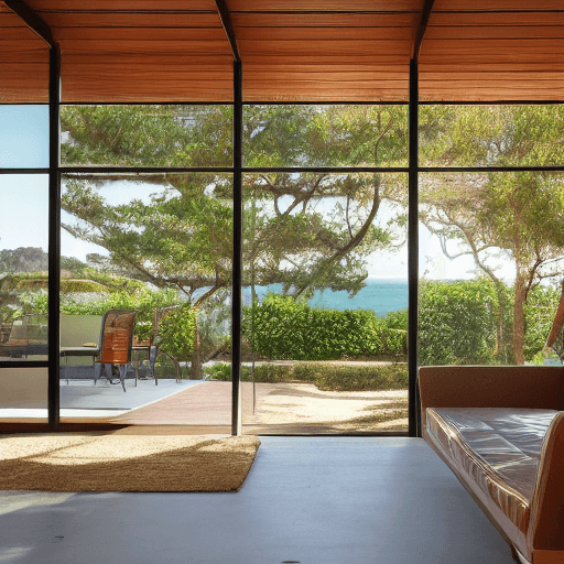 AI generated: Hyper realistic eye level exterior photo of a mid century modern style house overlooking the ocean, ...
