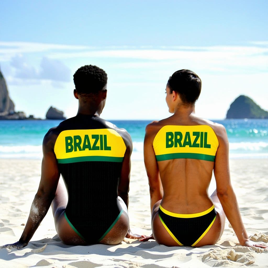 AI generated: slim male and female gymnasts, wearing identical skimpy black, yellow and green thong swimsuit with ...