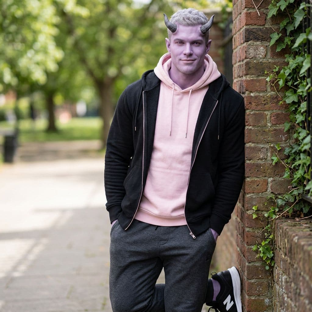 AI generated: A muscular attractive man with light purple skin and Light grey hair with purple eyes with light pin...