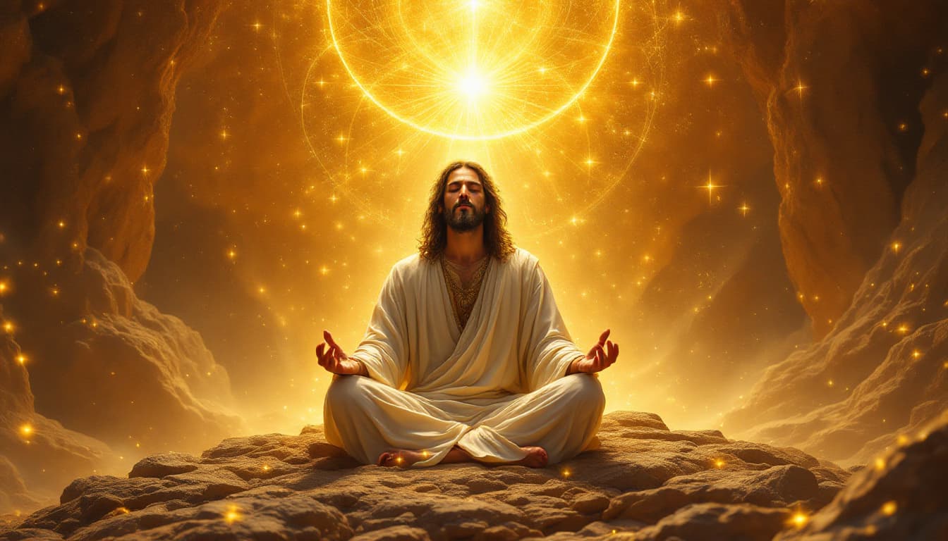 AI generated: jesus surrounded by divine light in a medieval style fantasy world in the dessert  send on the rocks...